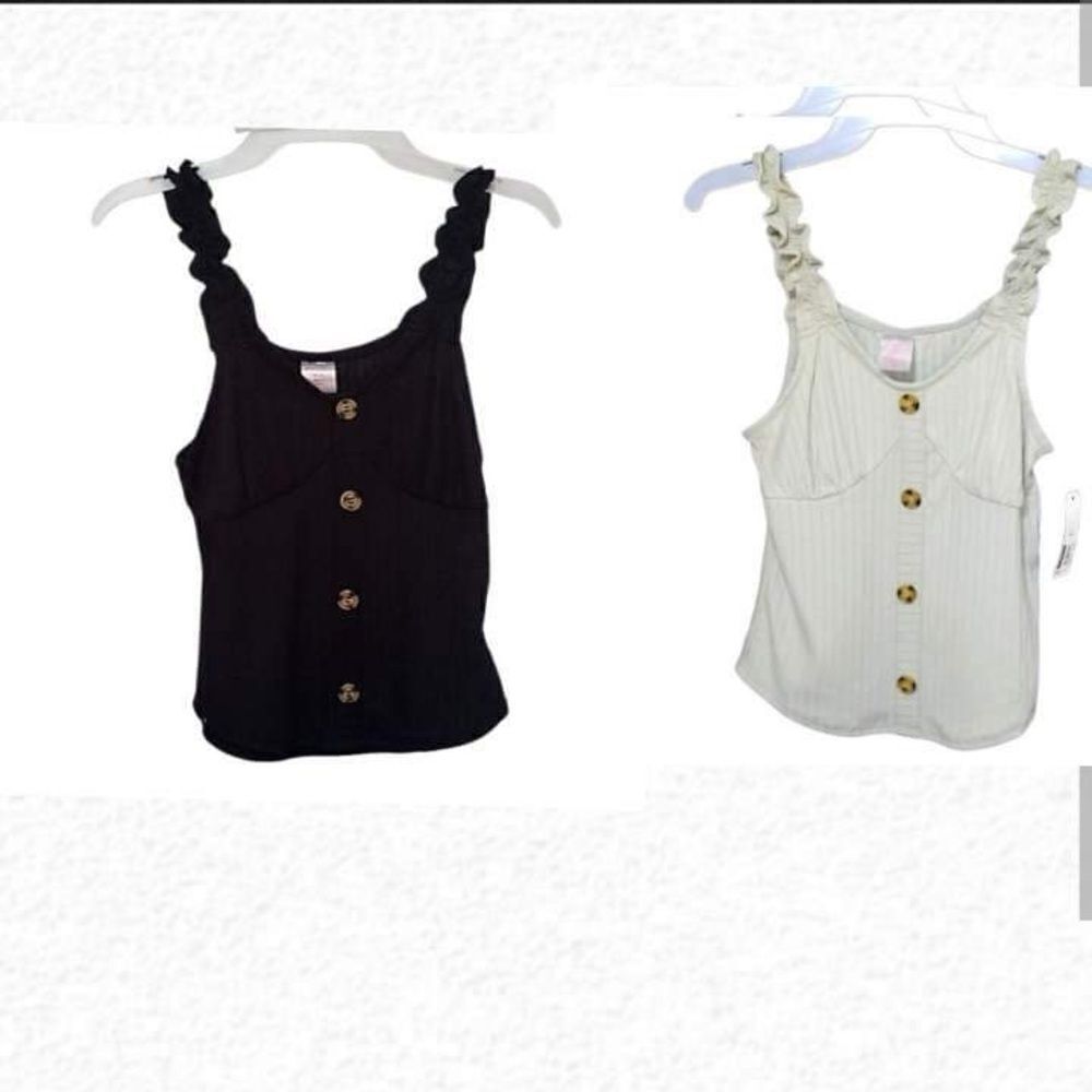 Rib Button Front  Ruffle Strap Tank Top 2-Pack Size XS
